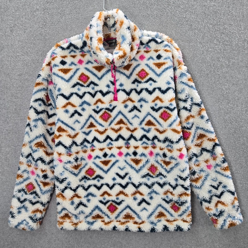Eddie‎ Bauer Women Sweatshirt Medium Blue Geometric Aztec 1/4 Zip Fleece Mock